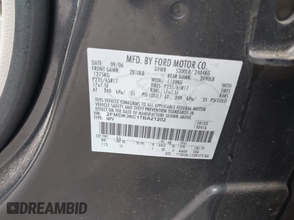 2007 Ford Edge SE z VIN 2FMDK36C17BA21202, wystawiony jako IAAI lot #42259993 z przebiegiem 277 455 mil mil oraz . Historia ofert i sprzedaży dostępna na DreamBid. Obrazek 9.