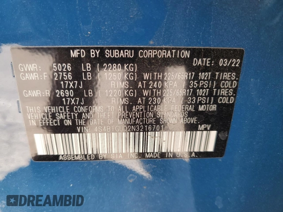 2022 Subaru Outback Wilderness with VIN 4S4BTGUD2N3216701, listed as a Copart auction lot 57120175 with 26,147 mi miles and Salvage title. Bid and sale history available at DreamBid. Image 13.