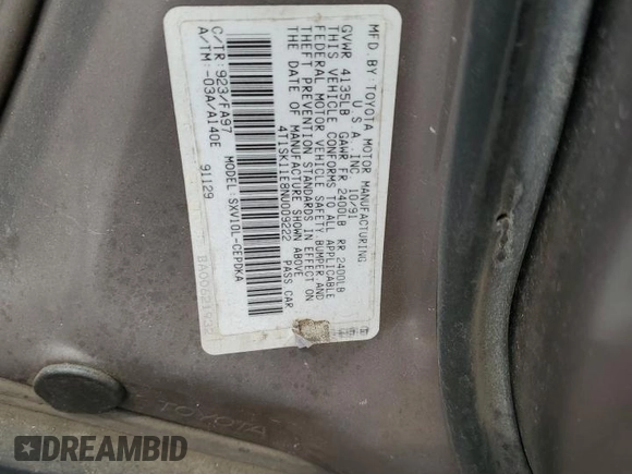 1992 Toyota Camry с VIN 4T1SK11E8NU009222, выставлен на аукционе Copart как лот 60811625 с пробегом 143 925 миль миль и Чистый • Clean title. История ставок и продаж доступна на DreamBid. Изображение 13.