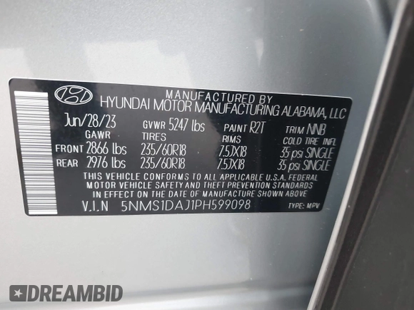 2023 Hyundai Santa Fe SE с VIN 5NMS1DAJ1PH599098, выставлен на аукционе IAAI как лот 42343224 с пробегом 11 134 миль миль и . История ставок и продаж доступна на DreamBid. Изображение 9.