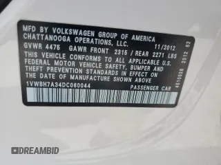 2013 Volkswagen Passat SE with VIN 1VWBH7A34DC060044, listed as a Copart auction lot 57180325 with 232,115 mi miles and Salvage title. Bid and sale history available at DreamBid. Image 12.