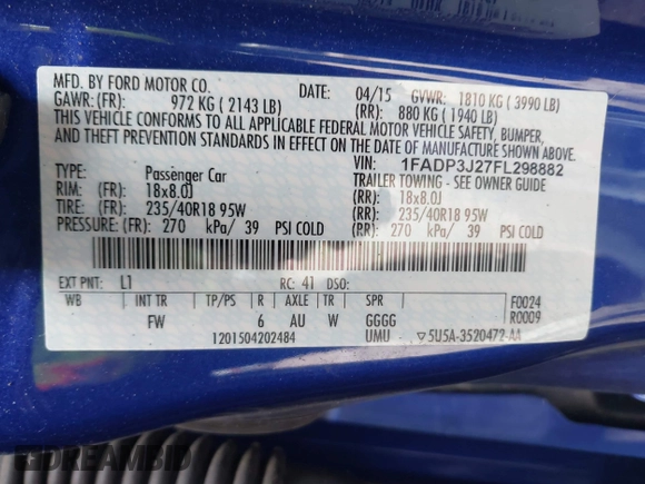 2015 Ford Focus Titanium with VIN 1FADP3J27FL298882, listed as a IAAI auction lot 42117247 with 124,185 mi miles and . Bid and sale history available at carsss.com. Image 9.