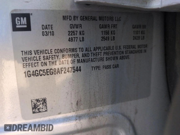 2010 Buick LaCrosse CXL with VIN 1G4GC5EG8AF247544, listed as a Copart auction lot 61306315 with 182,296 mi miles and Salvage title. Bid and sale history available at DreamBid. Image 12.