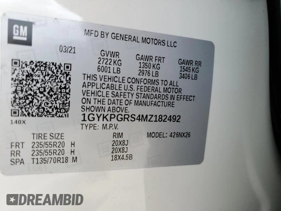 2021 Cadillac XT6 Sport with VIN 1GYKPGRS4MZ182492, listed as a Copart auction lot 75532004 with 38,081 mi miles and Salvage title. Bid and sale history available at DreamBid. Image 13.