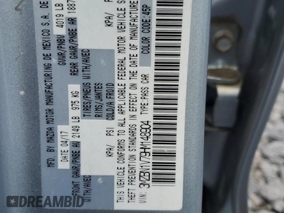 2017 Mazda 3 Touring with VIN 3MZBN1V79HM148904, listed as a Copart auction lot 54691665 with 83,192 mi miles and Salvage title. Bid and sale history available at DreamBid. Image 12.