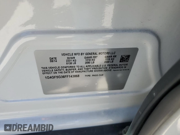 2015 Buick LaCrosse Premium II with VIN 1G4GF5G36FF143868, listed as a Copart auction lot 45902995 with 118,976 mi miles and Salvage Title. Bid and sale history available at DreamBid. Image 15.