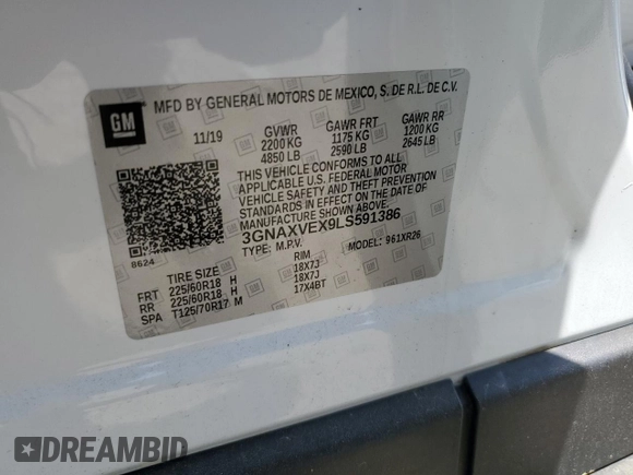 2020 Chevrolet Equinox LT z VIN 3GNAXVEX9LS591386, wystawiony jako Copart lot #53841465 z przebiegiem 59 265 mil mil oraz Szkoda całkowita • Salvage title. Historia ofert i sprzedaży dostępna na DreamBid. Obrazek 13.