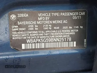 2011 BMW 3 Series 328i xDrive with VIN WBAPK5G59BNN25178, listed as a IAAI auction lot 42204737 with 150,238 mi miles and . Bid and sale history available at DreamBid. Image 9.
