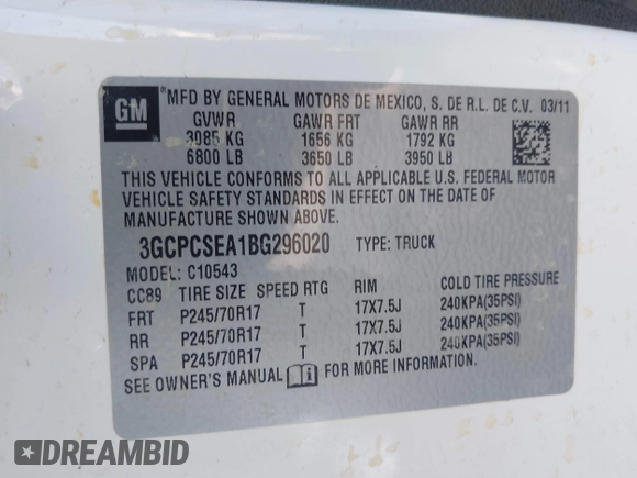 2011 Chevrolet Silverado 1500 LT with VIN 3GCPCSEA1BG296020, listed as a IAAI auction lot 41825565 with 225,006 mi miles and . Bid and sale history available at DreamBid. Image 9.