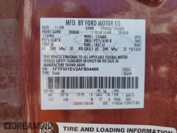 2010 Ford F-150 XL with VIN 1FTFW1EV2AFB04488, listed as a Copart auction lot 47861955 with 168,283 mi miles and Salvage Title. Bid and sale history available at carsss.com. Image 15.
