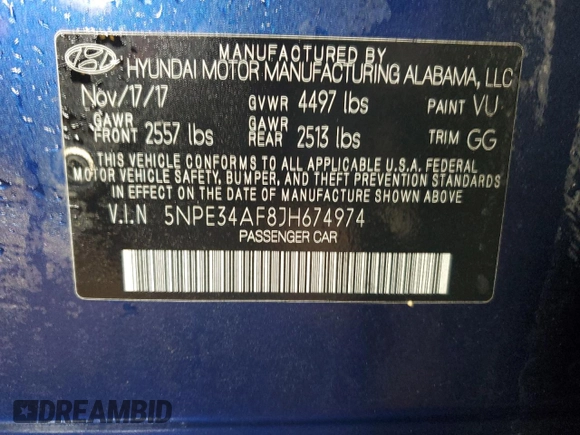 2018 Hyundai Sonata Sport Plus with VIN 5NPE34AF8JH674974, listed as a Copart auction lot 83859474 with 77,026 mi miles and Salvage Title. Bid and sale history available at DreamBid. Image 13.