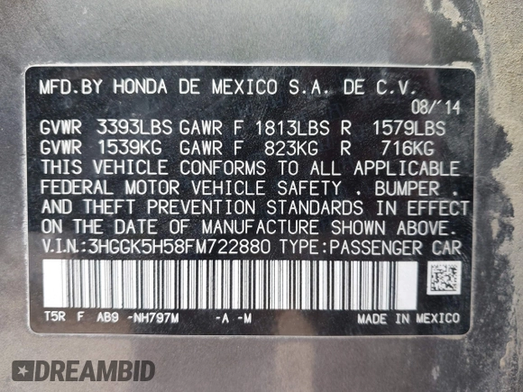 2015 Honda Fit LX with VIN 3HGGK5H58FM722880, listed as a IAAI auction lot 42276261 with 104,886 mi miles and . Bid and sale history available at DreamBid. Image 9.
