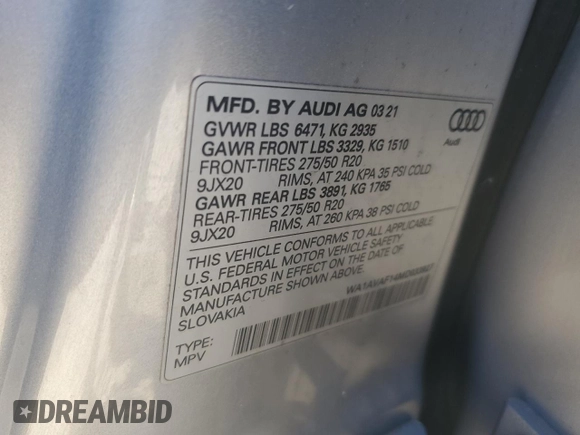2021 Audi Q8 Premium with VIN WA1AVAF14MD033927, listed as a Copart auction lot 79293024 with 61,041 mi miles and Salvage Title. Bid and sale history available at carsss.com. Image 13.