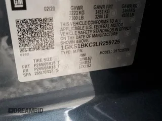 2020 GMC Yukon SLT with VIN 1GKS1BKC3LR259725, listed as a Copart auction lot 43036055 with 125,347 mi miles and Salvage Title. Bid and sale history available at DreamBid. Image 13.