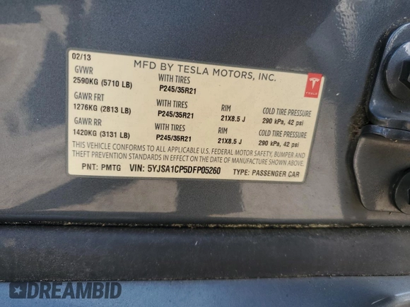2013 Tesla Model S Performance с VIN 5YJSA1CP5DFP05260, выставлен на аукционе Copart как лот 62391945 с пробегом Не указан миль и Чистый • Clean title. История ставок и продаж доступна на DreamBid. Изображение 13.