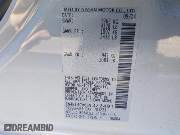 2025 Nissan Altima SR with VIN 1N4BL4CV6SN322491, listed as a IAAI auction lot 41549681 with 4,119 mi miles and . Bid and sale history available at DreamBid. Image 9.