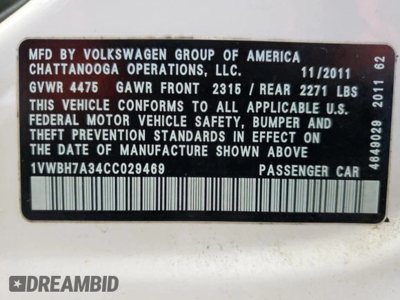 2012 Volkswagen Passat SE с VIN 1VWBH7A34CC029469, выставлен на аукционе Copart как лот 87311914 с пробегом 195 538 миль миль и Списание • Salvage title. История ставок и продаж доступна на DreamBid. Изображение 13.
