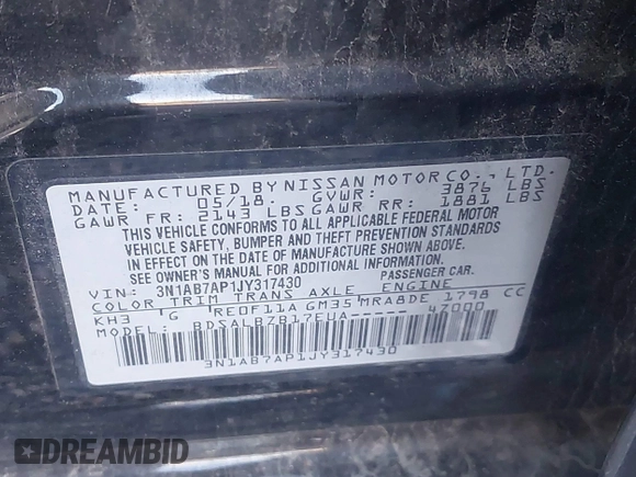 2018 Nissan Sentra SR z VIN 3N1AB7AP1JY317430, wystawiony jako IAAI lot #41946621 z przebiegiem 71 783 mil mil oraz . Historia ofert i sprzedaży dostępna na DreamBid. Obrazek 9.