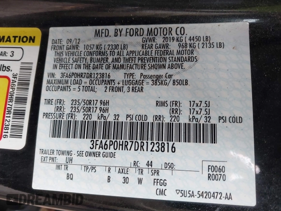 2013 Ford Fusion SE with VIN 3FA6P0HR7DR123816, listed as a IAAI auction lot 41737731 with 150,156 mi miles. Bid and sale history available at carsss.com. Image 9.