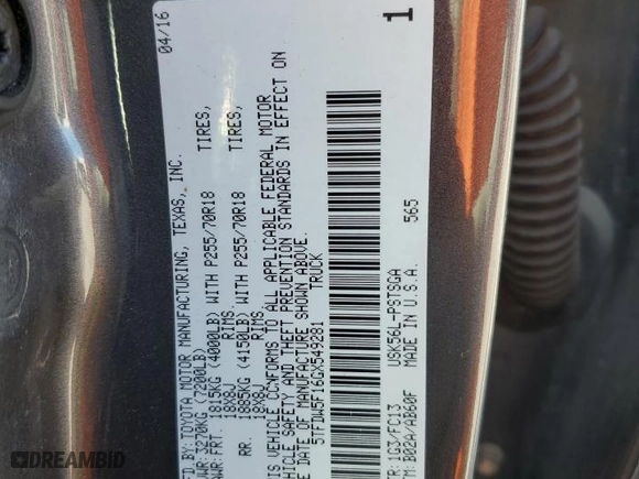 2016 Toyota Tundra 4WD Truck SR5 with VIN 5TFDW5F16GX549281, listed as a Copart auction lot 47179955 with NaN miles and Salvage Title. Bid and sale history available at carsss.com. Image 14.