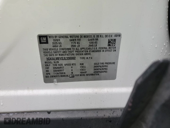 2018 GMC Terrain SLE with VIN 3GKALMEV2JL336992, listed as a Copart auction lot 48050185 with 83,233 mi miles and Clean Title. Bid and sale history available at DreamBid. Image 13.
