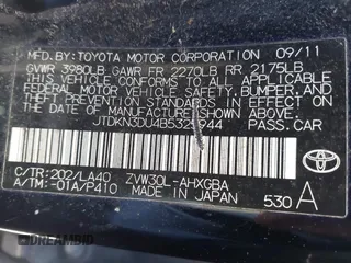 2011 Toyota Prius I with VIN JTDKN3DU4B5325944, listed as a IAAI auction lot 42028437 with 181,453 mi miles. Bid and sale history available at carsss.com. Image 9.