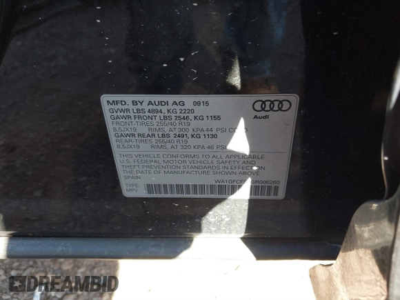 2016 Audi Q3 Prestige with VIN WA1GFCFS0GR006260, listed as a IAAI auction lot 41509732 with 119,070 mi miles and . Bid and sale history available at DreamBid. Image 9.