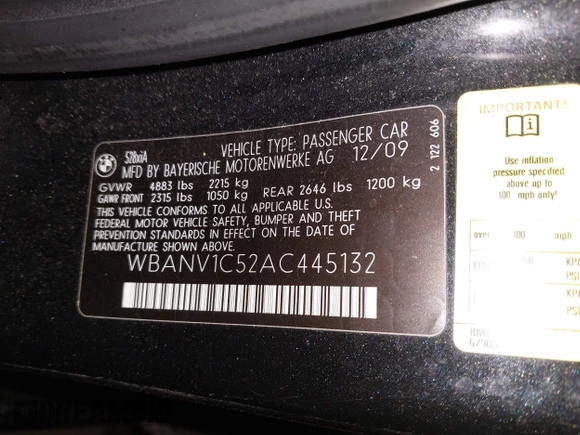 2010 BMW 5 Series 528i xDrive with VIN WBANV1C52AC445132, listed as a IAAI auction lot 41971379 with 167,799 mi miles and . Bid and sale history available at carsss.com. Image 9.