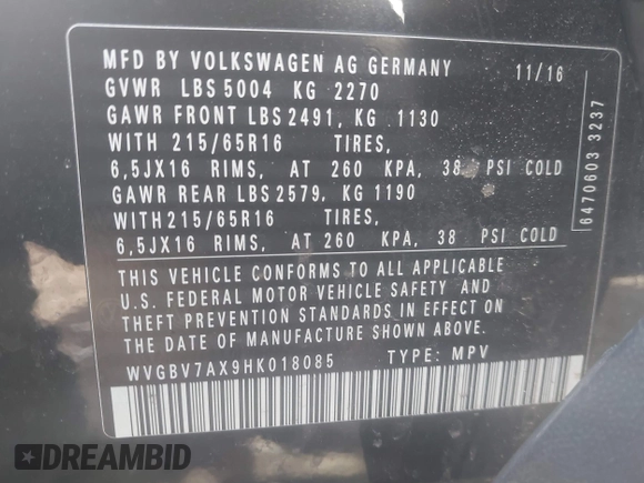 2017 Volkswagen Tiguan S with VIN WVGBV7AX9HK018085, listed as a IAAI auction lot 41804052 with 71,943 mi miles and . Bid and sale history available at DreamBid. Image 9.