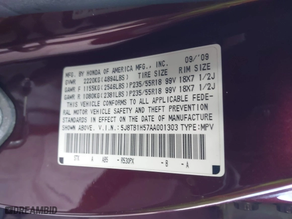 2010 Acura RDX Tech Pkg with VIN 5J8TB1H57AA001303, listed as a IAAI auction lot 41260059 with 217,546 mi miles. Bid and sale history available at carsss.com. Image 9.