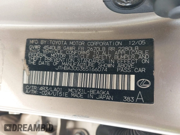2006 Lexus ES 350 with VIN JTHBA30G365166074, listed as a IAAI auction lot 41291013 with 266,495 mi miles and . Bid and sale history available at DreamBid. Image 9.