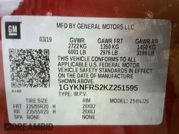 2019 Cadillac XT5 Premium Luxury AWD with VIN 1GYKNFRS2KZ251595, listed as a Copart auction lot 85396024 with 23,925 mi miles and Salvage title. Bid and sale history available at DreamBid. Image 10.
