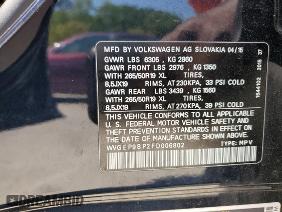 2015 Volkswagen Touareg Lux z VIN WVGEP9BP2FD006802, wystawiony jako Copart lot #52291965 z przebiegiem 122 787 mil mil oraz Szkoda całkowita • Salvage title. Historia ofert i sprzedaży dostępna na DreamBid. Obrazek 14.