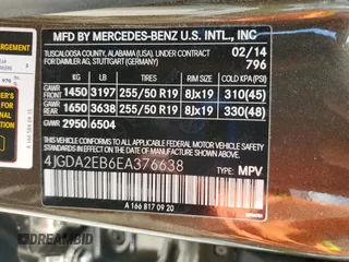 2014 Mercedes-Benz M 350 with VIN 4JGDA2EB6EA376638, listed as a Copart auction lot 61662785 with 87,328 mi miles and Salvage title. Bid and sale history available at DreamBid. Image 13.