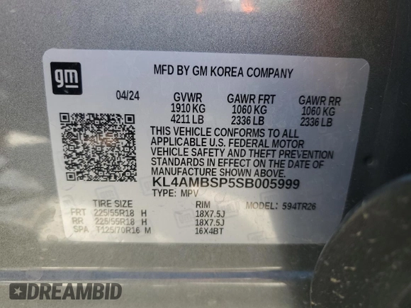 2025 Buick Encore GX Preferred with VIN KL4AMBSP5SB005999, listed as a Copart auction lot 57709875 with 7,491 mi miles and Salvage title. Bid and sale history available at DreamBid. Image 14.