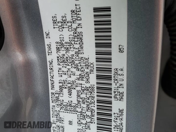 2014 Toyota Tundra SR z VIN 5TFRM5F13EX075881, wystawiony jako Copart lot #53106215 z przebiegiem 155 121 mil mil oraz Szkoda całkowita • Salvage title. Historia ofert i sprzedaży dostępna na DreamBid. Obrazek 12.