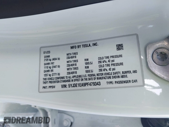 2023 Tesla Model 3 с VIN 5YJ3E1EA9PF479343, выставлен на аукционе IAAI как лот 42547545 с пробегом 11 741 миль миль и . История ставок и продаж доступна на DreamBid. Изображение 9.