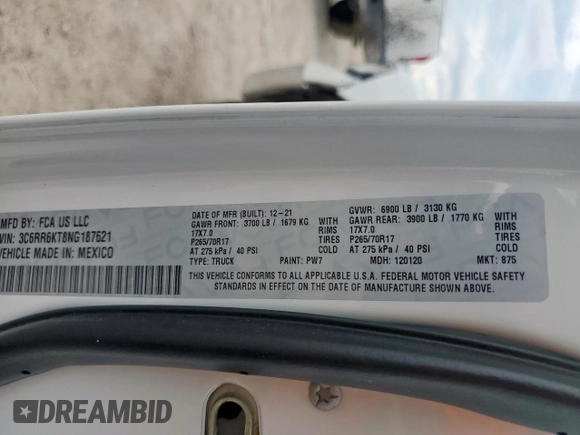 2022 Ram 1500 Tradesman with VIN 3C6RR6KT8NG187621, listed as a Copart auction lot 61386335 with 60,797 mi miles and Salvage title. Bid and sale history available at DreamBid. Image 12.