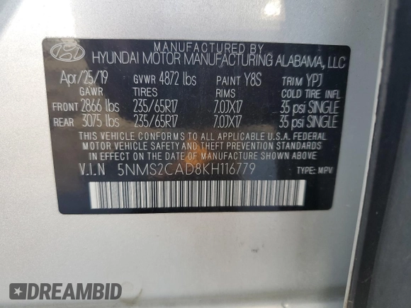 2019 Hyundai Santa Fe SE z VIN 5NMS2CAD8KH116779, wystawiony jako Copart lot #60212995 z przebiegiem 86 094 mil mil oraz Szkoda całkowita • Salvage title. Historia ofert i sprzedaży dostępna na DreamBid. Obrazek 13.