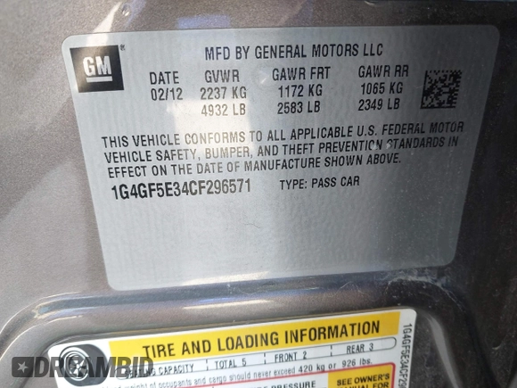 2012 Buick LaCrosse Premium 2 with VIN 1G4GF5E34CF296571, listed as a IAAI auction lot 41762990 with 91,527 mi miles. Bid and sale history available at carsss.com. Image 9.