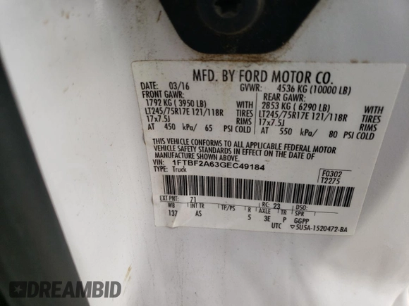 2016 Ford Super Duty F-250 SRW XL with VIN 1FTBF2A63GEC49184, listed as a Copart auction lot 78605503 with 0 mi miles and Salvage Title. Bid and sale history available at carsss.com. Image 12.