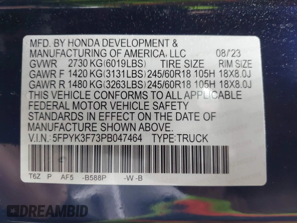2023 Honda Ridgeline RTL-E с VIN 5FPYK3F73PB047464, выставлен на аукционе IAAI как лот 42322794 с пробегом 24 281 миль миль и . История ставок и продаж доступна на DreamBid. Изображение 9.