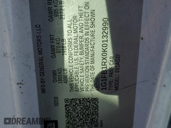 2019 Chevrolet Camaro 1LT with VIN 1G1FB1RX0K0132990, listed as a Copart auction lot 53585525 with Not provided miles and Clean title. Bid and sale history available at DreamBid. Image 13.