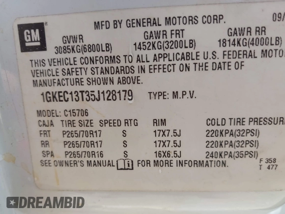 2005 GMC Yukon SLT with VIN 1GKEC13T35J128179, listed as a IAAI auction lot 41985296 with 255,582 mi miles. Bid and sale history available at carsss.com. Image 9.