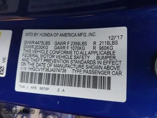 2018 Honda Accord Sedan Sport 1.5T with VIN 1HGCV1F36JA074736, listed as a IAAI auction lot 41784715 with 125,964 mi miles. Bid and sale history available at carsss.com. Image 9.