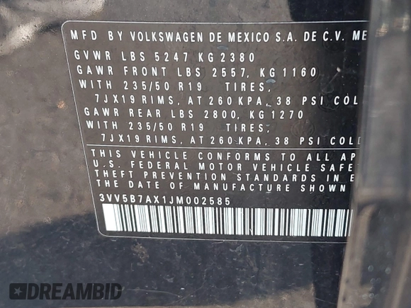 2018 Volkswagen Tiguan SEL Premium with VIN 3VV5B7AX1JM002585, listed as a IAAI auction lot 40495823 with 82,376 mi miles and . Bid and sale history available at DreamBid. Image 9.