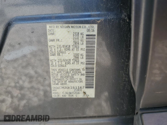 2016 Nissan Murano SV z VIN 5N1AZ2MG8GN161167, wystawiony jako Copart lot #55910765 z przebiegiem 114 829 mil mil oraz Szkoda całkowita • Salvage title. Historia ofert i sprzedaży dostępna na DreamBid. Obrazek 13.