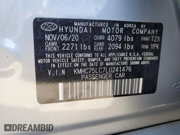 2020 Hyundai Ioniq SE with VIN KMHC75LC7LU241476, listed as a Copart auction lot 48621135 with 21,530 mi miles and Salvage title. Bid and sale history available at DreamBid. Image 12.
