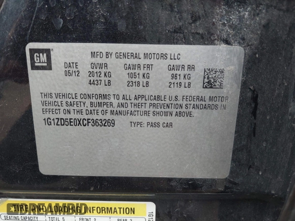 2012 Chevrolet Malibu 2LT with VIN 1G1ZD5E0XCF363269, listed as a IAAI auction lot 41880317 with 191,522 mi miles and . Bid and sale history available at DreamBid. Image 9.