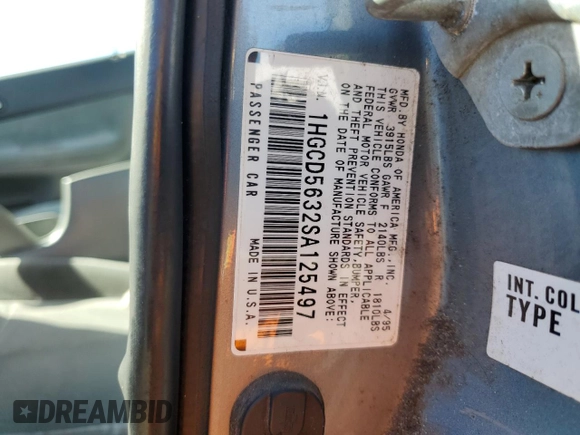 1995 Honda Accord LX with VIN 1HGCD5632SA125497, listed as a Copart auction lot 46953775 with 122,687 mi miles and Salvage Title. Bid and sale history available at DreamBid. Image 12.
